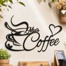 Personalized Coffee Shop Metal Wall Hanging, Elegant Script Custom Name Cup Iron Cutout, Cafe & Home Nook Decor
