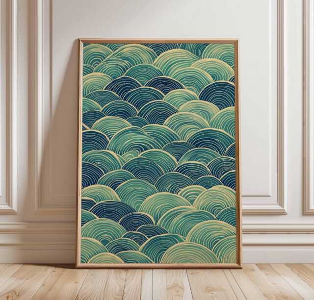 Green Japanese Waves Poster, Hokusai Woodblock Wave Print, Vintage Coastal Wall Art Pattern Art, Asian Home Decor - image 1