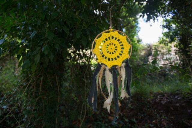 Crochet Dreamcatcher in Yellow Colour, Linen & Burlap Ribbons, Framed Dreamcatcher, Wall Decoration, Boho Decor - image 1