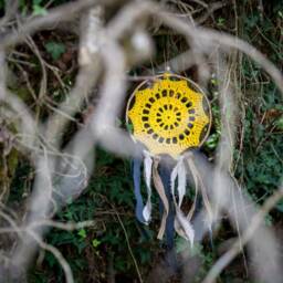 Crochet Dreamcatcher in Yellow Colour, Linen & Burlap Ribbons, Framed Dreamcatcher, Wall Decoration, Boho Decor - thumbnail 2