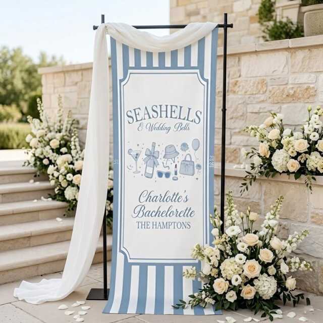Personalized Bachelorette Party Banner Seashells Wedding Bells, Custom Bridal Wall Tapestry, Beach Bach Decor, Bride Celebration Sign 2026 - image 1