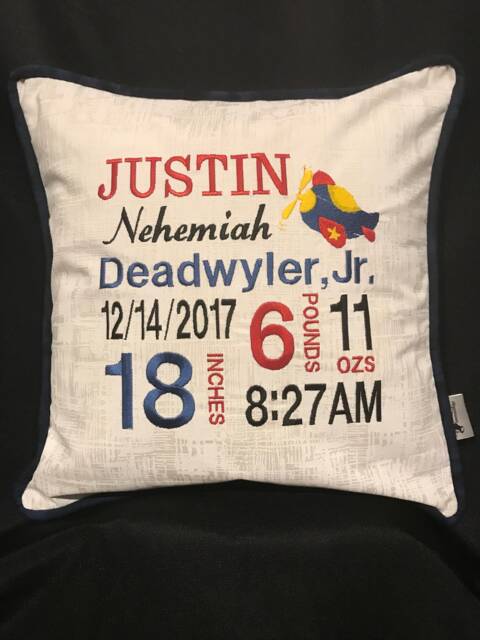 Airplane Birth Announcement Pillow...embroidered With Baby's Birth Information - image 1