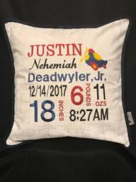 Airplane Birth Announcement Pillow...embroidered With Baby's Birth Information - thumbnail 1