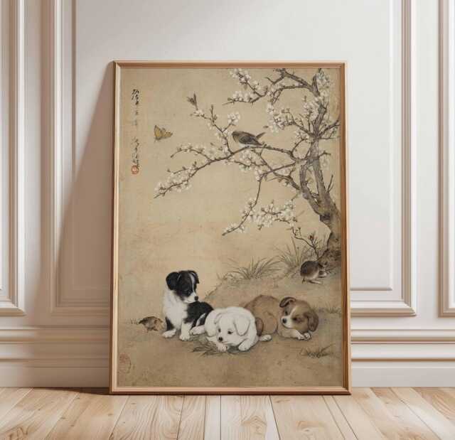 Puppy Poster Chinese Vintage Wall Art - Traditional Animal Print With Blossoms, Birds & Soft Beige Background Unframed - image 1