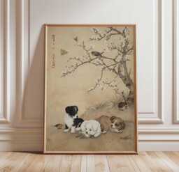 Puppy Poster Chinese Vintage Wall Art - Traditional Animal Print With Blossoms, Birds & Soft Beige Background Unframed - thumbnail 1