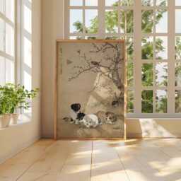 Puppy Poster Chinese Vintage Wall Art - Traditional Animal Print With Blossoms, Birds & Soft Beige Background Unframed - thumbnail 3