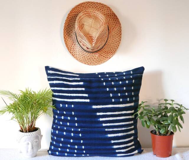 Vintage African Mudcloth Pillow Cover Indigo Denim, Bohemian Decor - image 1