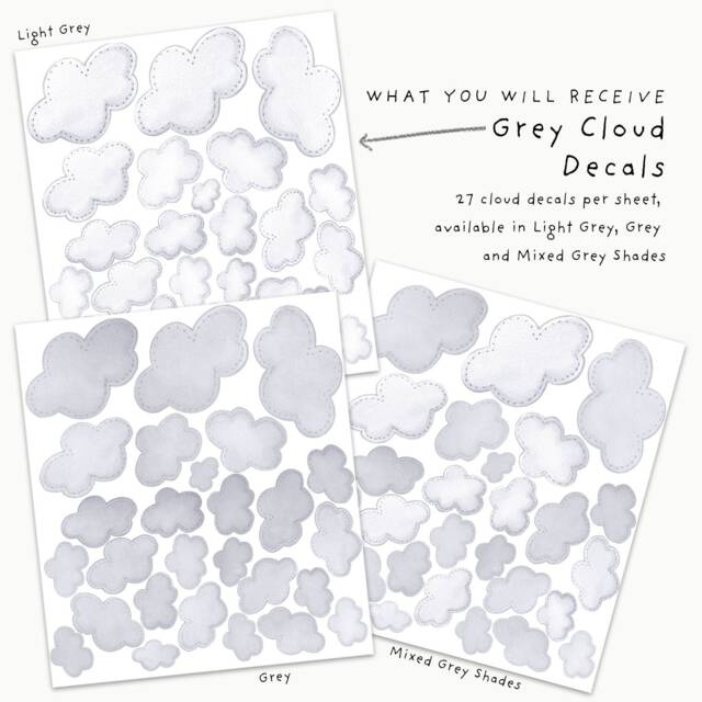 Fabric Wall Decal Set, Grey Watercolor Clouds, Kids Room Decals, Cloud Sticker, Nursery Decor, Removable - image 1