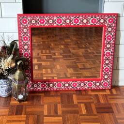Hand Painted Floral Pine Wood Wall Mirror, Red Boho Decor - thumbnail 2