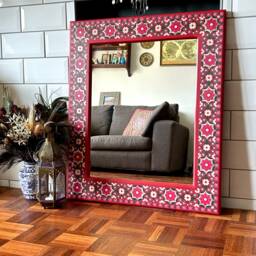 Hand Painted Floral Pine Wood Wall Mirror, Red Boho Decor - thumbnail 4
