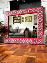 Hand Painted Floral Pine Wood Wall Mirror, Red Boho Decor - thumbnail 1