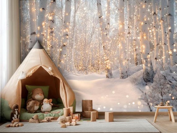 Winter Fairy Wood Wall Mural Fairytale Backdrop Magic Kids Wallpaper Snowy Forest Customizable - image 1