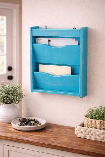 Hand-Painted Turquoise Mail Organizer With Hidden Key Storage - Rustic Farmhouse Entryway Rack - image 1