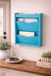 Hand-Painted Turquoise Mail Organizer With Hidden Key Storage - Rustic Farmhouse Entryway Rack