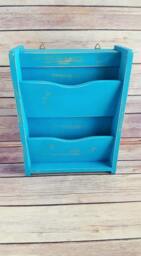 Hand-Painted Turquoise Mail Organizer With Hidden Key Storage - Rustic Farmhouse Entryway Rack - thumbnail 3