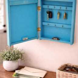 Hand-Painted Turquoise Mail Organizer With Hidden Key Storage - Rustic Farmhouse Entryway Rack - thumbnail 2