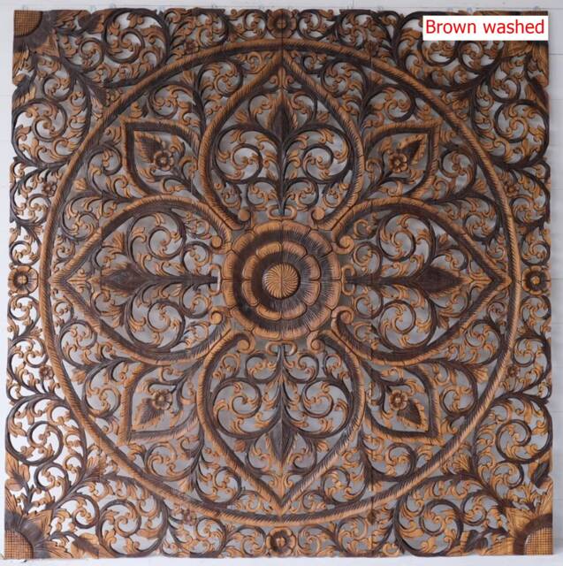 Large King Size Bed Mandala Bohemian White Rustic Headboard Reclaimed Teak Wood Wooden Carved Lotus Flower Wall Art Panel Thai Decor 180cm - image 1