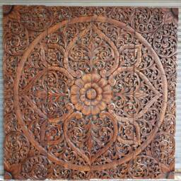 Large King Size Bed Mandala Bohemian White Rustic Headboard Reclaimed Teak Wood Wooden Carved Lotus Flower Wall Art Panel Thai Decor 180cm - thumbnail 2