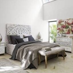 Large King Size Bed Mandala Bohemian White Rustic Headboard Reclaimed Teak Wood Wooden Carved Lotus Flower Wall Art Panel Thai Decor 180cm - thumbnail 4