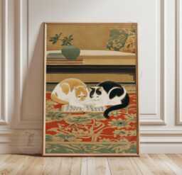 Two Cats Reading On Rug - Vintage Style Cat Art Print Cozy Home Decor - thumbnail 1