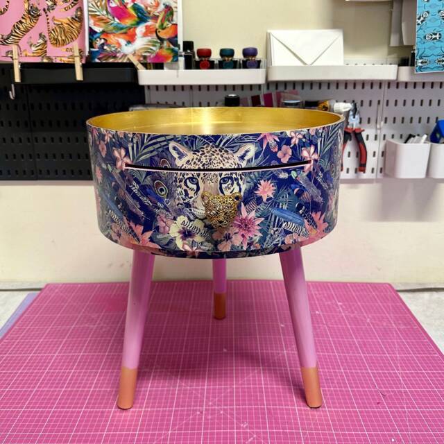 Gold & Pink Leopard Tropical Round Bedside Table . Fun Bright Home Decor Ideal For Nightstand Or Side Table. Blue Design - image 1