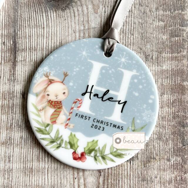 Personalised 1st First Baby Christmas Tree Rabbit Gift Bauble Acrylic Or Ceramic Round Ornament Keepsake Decoration - image 1
