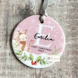 Personalised 1st First Baby Christmas Tree Rabbit Gift Bauble Acrylic Or Ceramic Round Ornament Keepsake Decoration - thumbnail 2