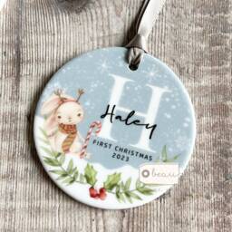 Personalised 1st First Baby Christmas Tree Rabbit Gift Bauble Acrylic Or Ceramic Round Ornament Keepsake Decoration - thumbnail 1