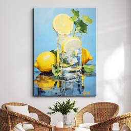 Vibrant Lemon Water Glass Beverage Drink Oil Painting Framed Poster Print & Canvas Wall Decor Art Bedroom Home Interior Gift