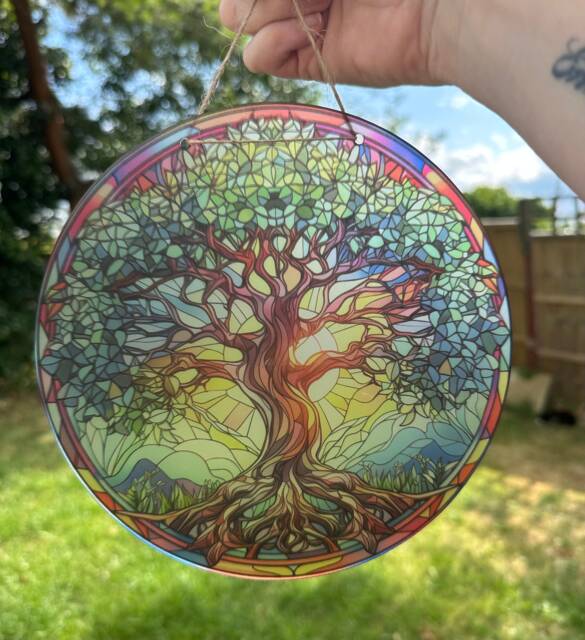 Tree Of Life Wreath Sign, Acrylic Faux Stained Glass, Suncatcher Window Hanging, Front Door Wreath, Decoration For Windows, Wall Decor - image 1