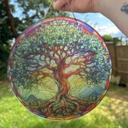 Tree Of Life Wreath Sign, Acrylic Faux Stained Glass, Suncatcher Window Hanging, Front Door Wreath, Decoration For Windows, Wall Decor - thumbnail 3