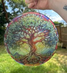 Tree Of Life Wreath Sign, Acrylic Faux Stained Glass, Suncatcher Window Hanging, Front Door Wreath, Decoration For Windows, Wall Decor - thumbnail 1