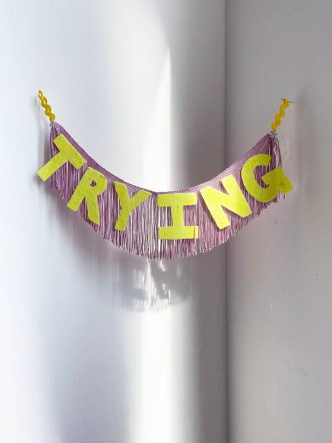 Trying Fun Cult Fringe Banner - Trying Garland, Wall Hanging Banner, Fringe Hanging, Office Decor, Dorm Room Funny Banner - image 1