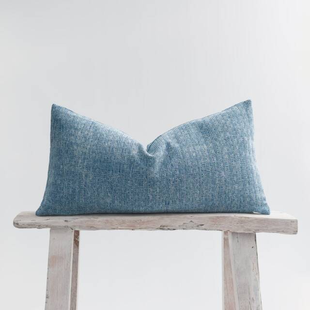 Vintage Style Lumbar Pillow Cover, Striped Stonewash Cotton, Faded Blue Cushion - image 1
