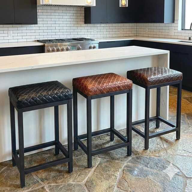 Genuine Leather Bar Stool - Diamond Stitch Design Counter Height Steel Frame - Fp - image 1