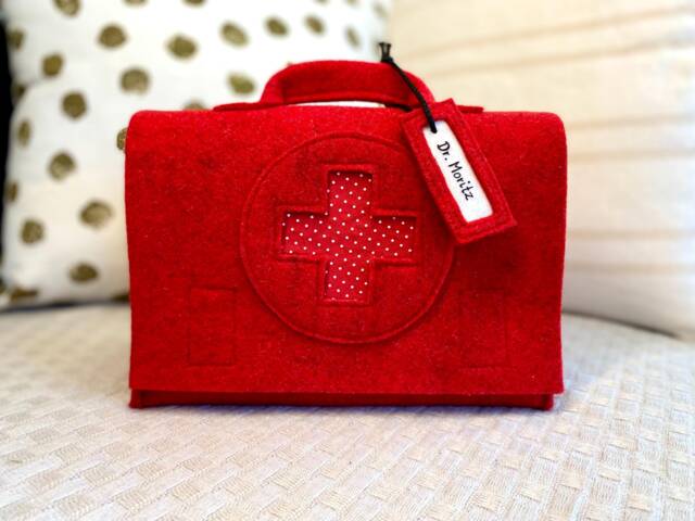 Children's Doctor's Bag, Travel First Aid Kit, Optionally With Name Tag + Accessories, Red Wool Felt - image 1