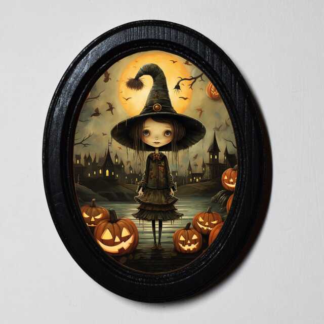 Halloween Black Oval Wooden Framed Picture, Gothic Print, Witchy Wall Hanging, Cute Witch With Pumpkins - image 1