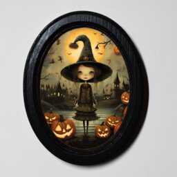 Halloween Black Oval Wooden Framed Picture, Gothic Print, Witchy Wall Hanging, Cute Witch With Pumpkins - thumbnail 1