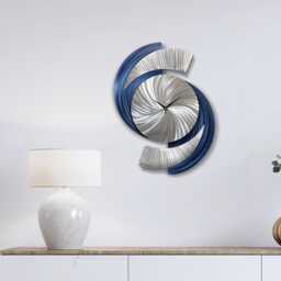 Navy Blue Clock Abstract Modern Silver Metal Sculpture, 18x24