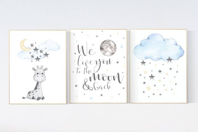 Giraffe Nursery Art Print Moon, Stars, Neutral Decor - image 1