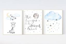 Giraffe Nursery Art Print Moon, Stars, Neutral Decor - thumbnail 1