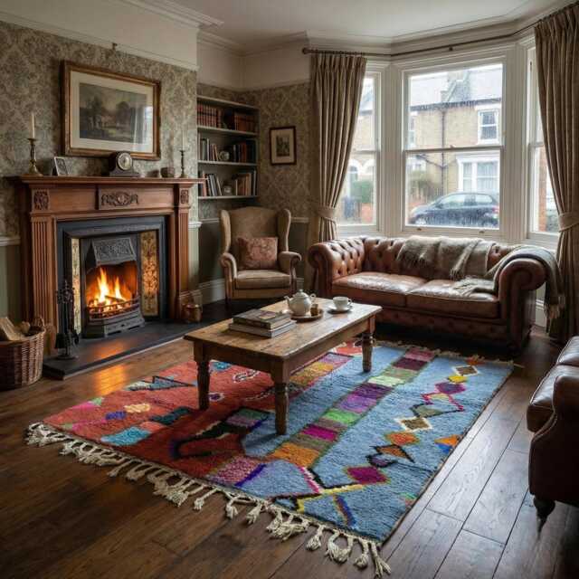 Hand-Knotted Wool Azilal Rug - Terracotta Blue Tribal Carpet, Boho Decor - image 1