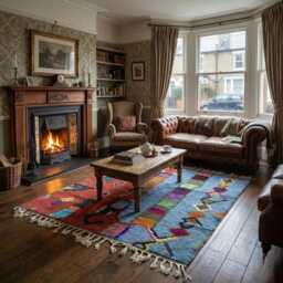 Hand-Knotted Wool Azilal Rug - Terracotta Blue Tribal Carpet, Boho Decor - thumbnail 1