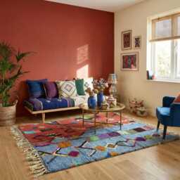 Hand-Knotted Wool Azilal Rug - Terracotta Blue Tribal Carpet, Boho Decor - thumbnail 3