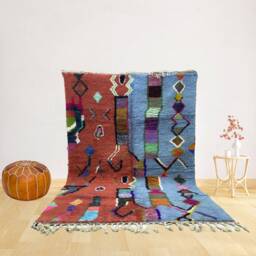 Hand-Knotted Wool Azilal Rug - Terracotta Blue Tribal Carpet, Boho Decor - thumbnail 2