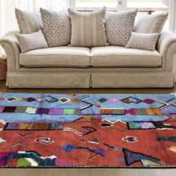 Hand-Knotted Wool Azilal Rug - Terracotta Blue Tribal Carpet, Boho Decor - thumbnail 4