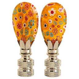 Millefiori Glass Lamp Finials On Shiny Chrome Hardware - A Matching Pair Venetian Style in Yellow With Colorful Flowers - thumbnail 3