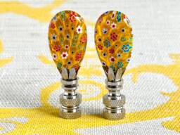 Millefiori Glass Lamp Finials On Shiny Chrome Hardware - A Matching Pair Venetian Style in Yellow With Colorful Flowers - thumbnail 1