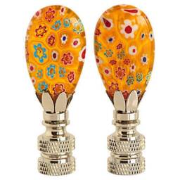 Millefiori Glass Lamp Finials On Shiny Chrome Hardware - A Matching Pair Venetian Style in Yellow With Colorful Flowers - thumbnail 2