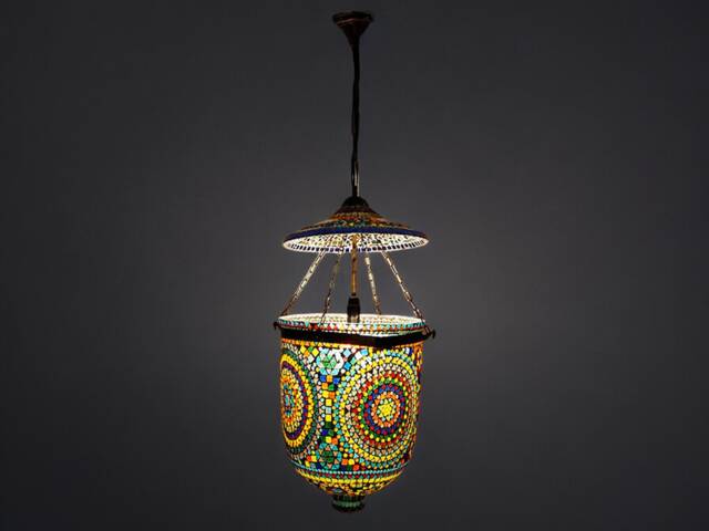 Very Large Glass Brass & Metal Etched Mosaic Bell Jar Pendant Lamp Hundi Lamp With Single Fitting No-12 - image 1